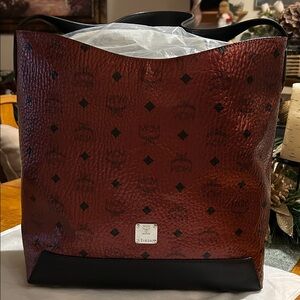 MCM Visetos Burgundy and Black Logo Tote